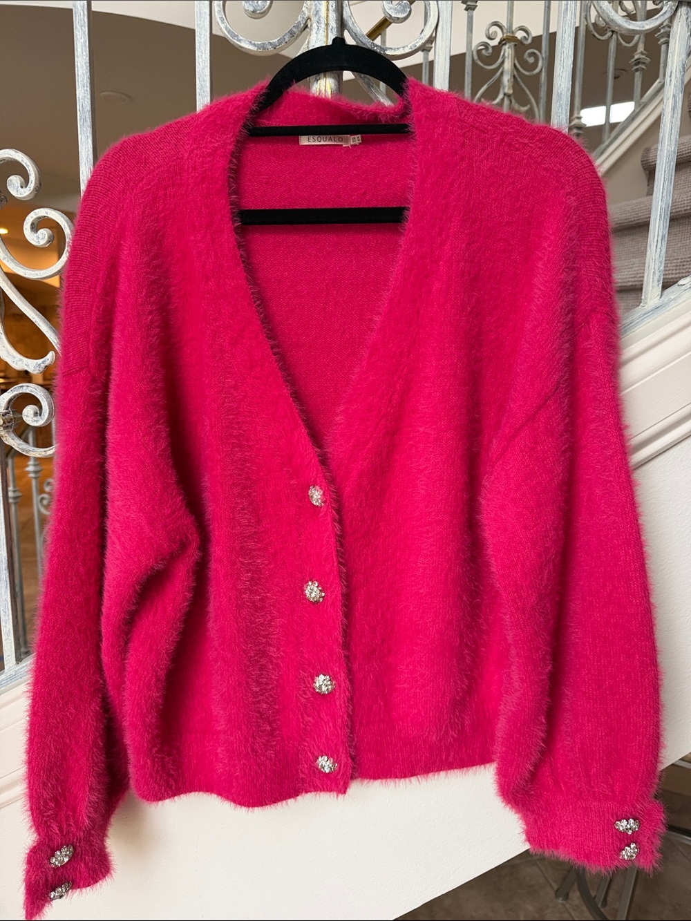 ESQUALO Hot Pink Fuzzy V-Neck Cardigan with Crystal Buttons